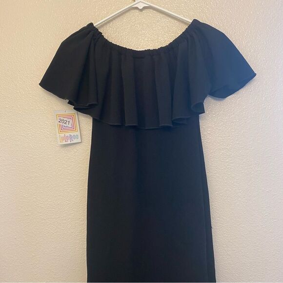 LuLaRoe CiCi Off Shoulder Black Dress Ruffles fitted LBD Size XXS Nwt - Picture 4 of 13